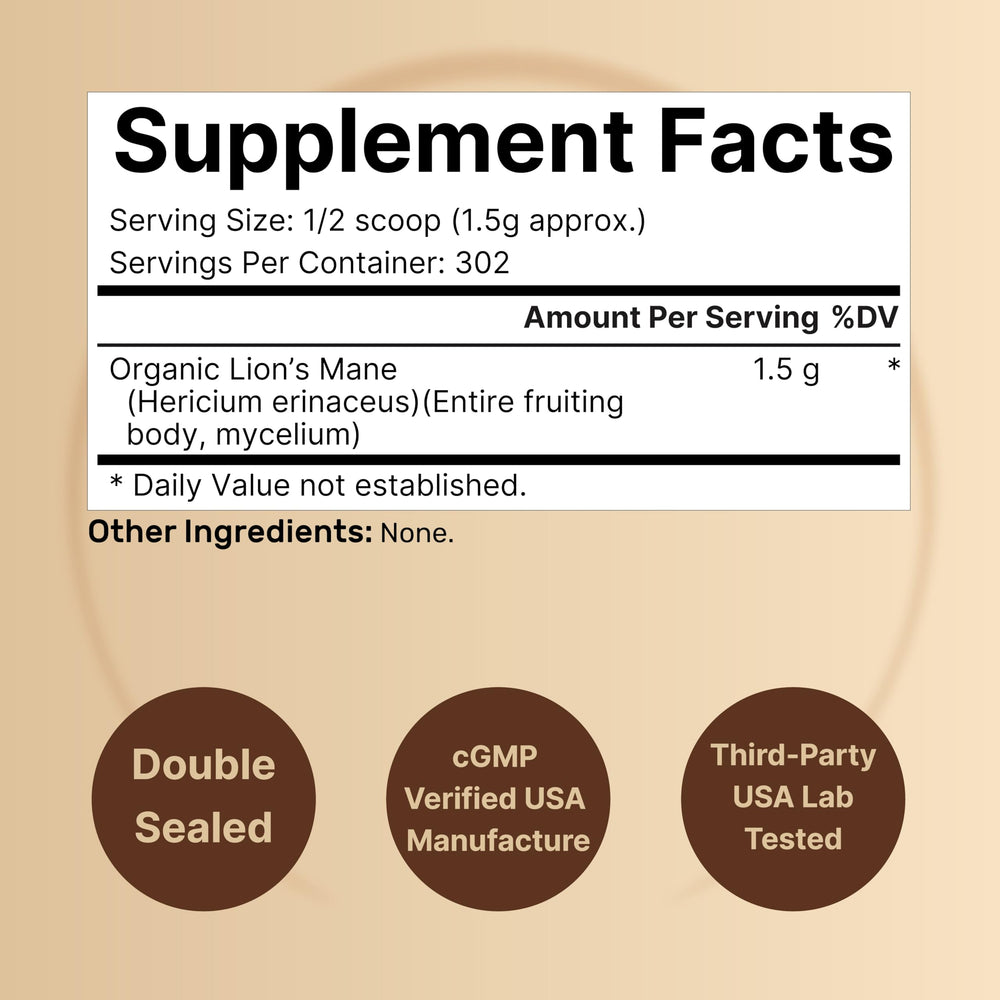 Close-up of NatureBell Lion's Mane powder texture, showcasing vegan non-GMO formula
