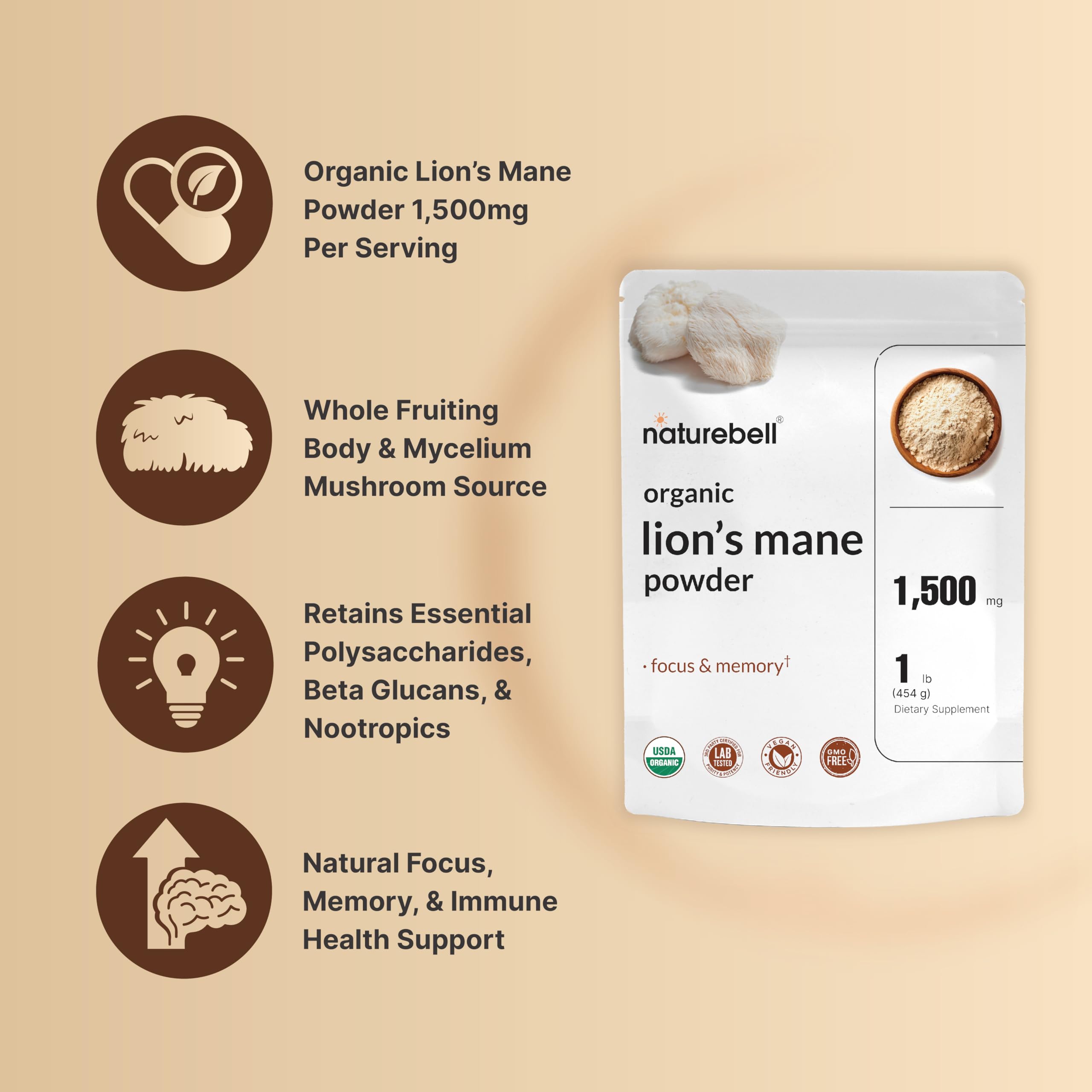Scoop beside NatureBell Lion's Mane powder pouch for easy daily servings