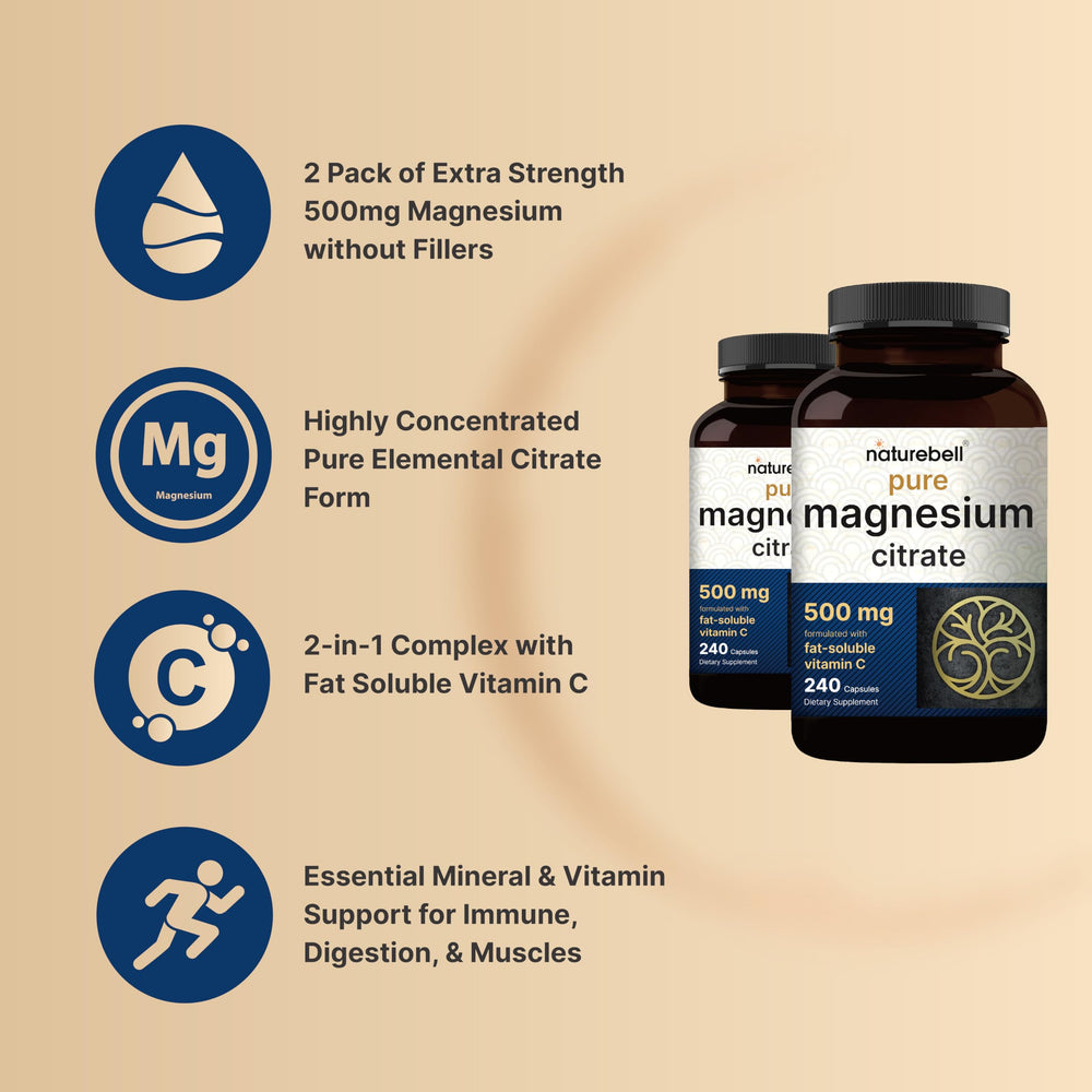 NatureBell magnesium citrate capsules close-up highlights 500 mg per capsule
