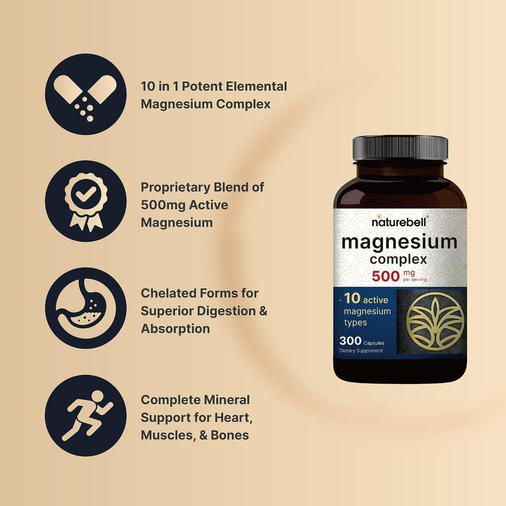 NatureBell Magnesium Complex bottle side shows 500mg per serving and dosage details