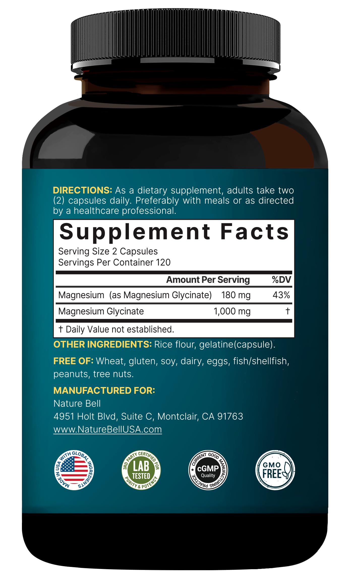 NatureBell Chelated Magnesium Glycinate close-up showing purified mineral profile.