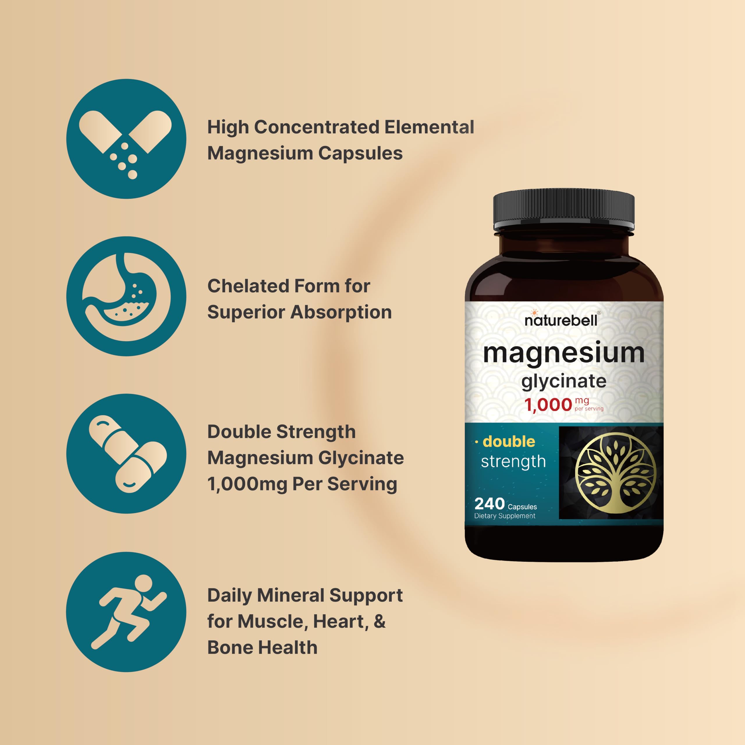 NatureBell Magnesium Glycinate 1000mg per serving label shows chelated minerals.