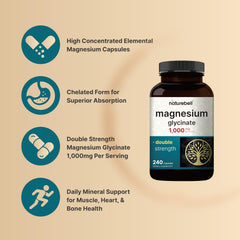 NatureBell Magnesium Glycinate 1000mg per serving label shows chelated minerals.