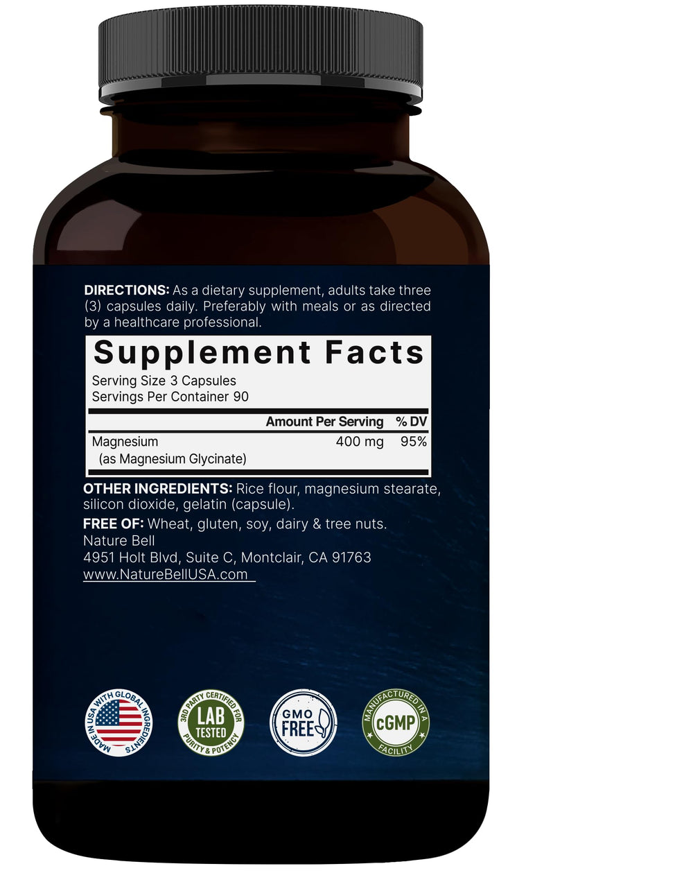 NatureBell non-GMO, gluten-free magnesium glycinate supports daily supplementation