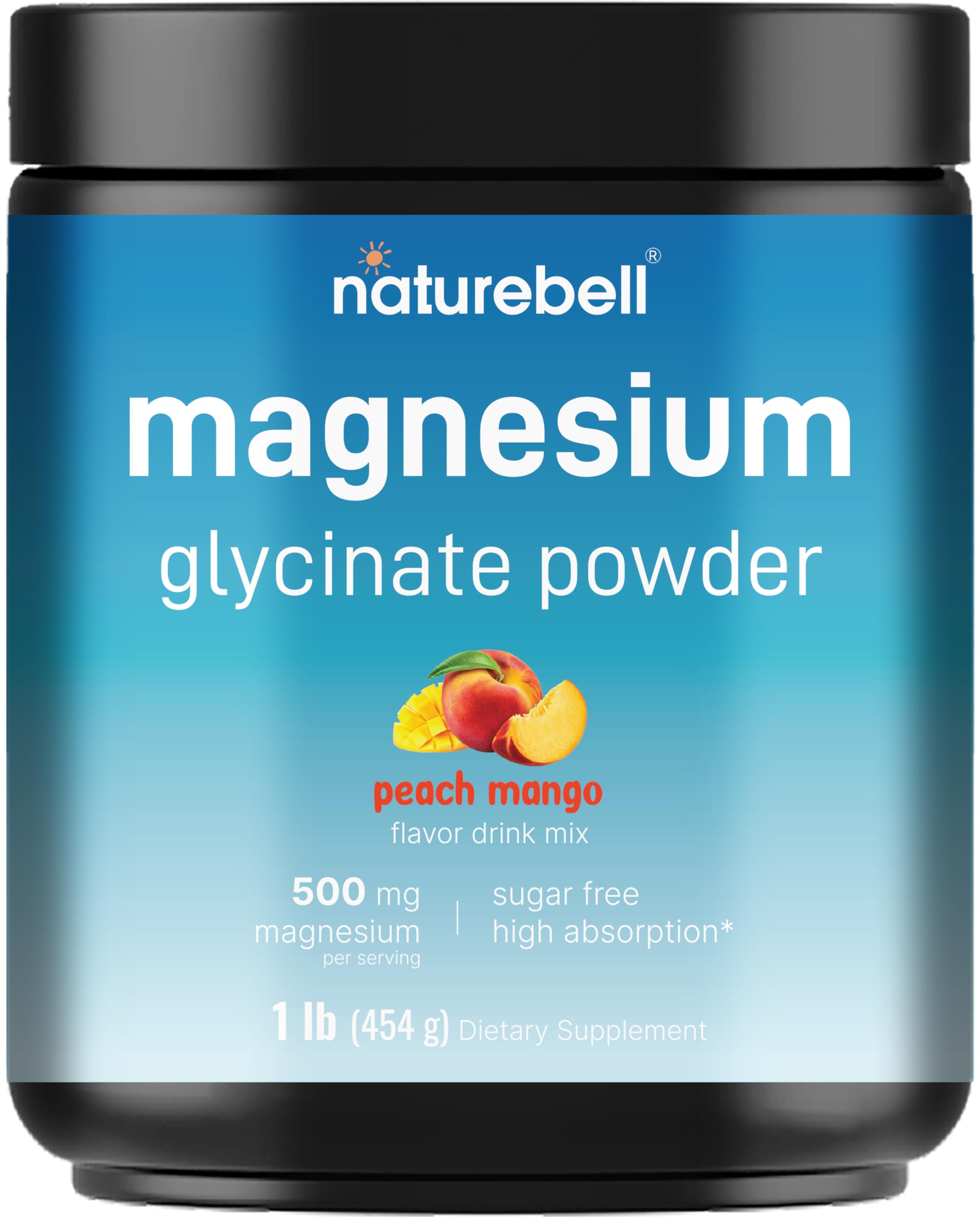NatureBell magnesium glycinate powder jar shows 500 mg per serving for easy absorption.