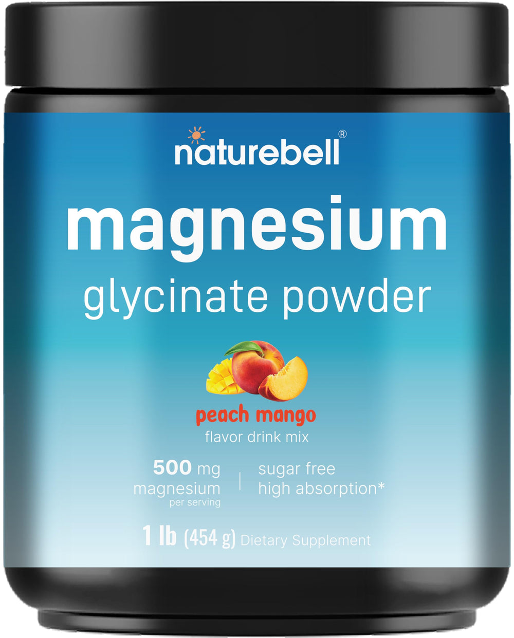 NatureBell magnesium glycinate powder jar shows 500 mg per serving for easy absorption.