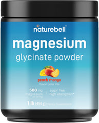NatureBell magnesium glycinate powder jar shows 500 mg per serving for easy absorption.
