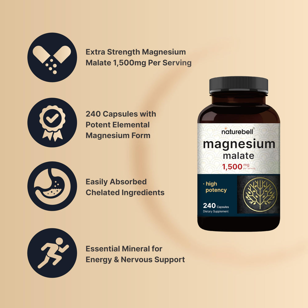 Gluten-free badge visible on NatureBell Magnesium Malate packaging