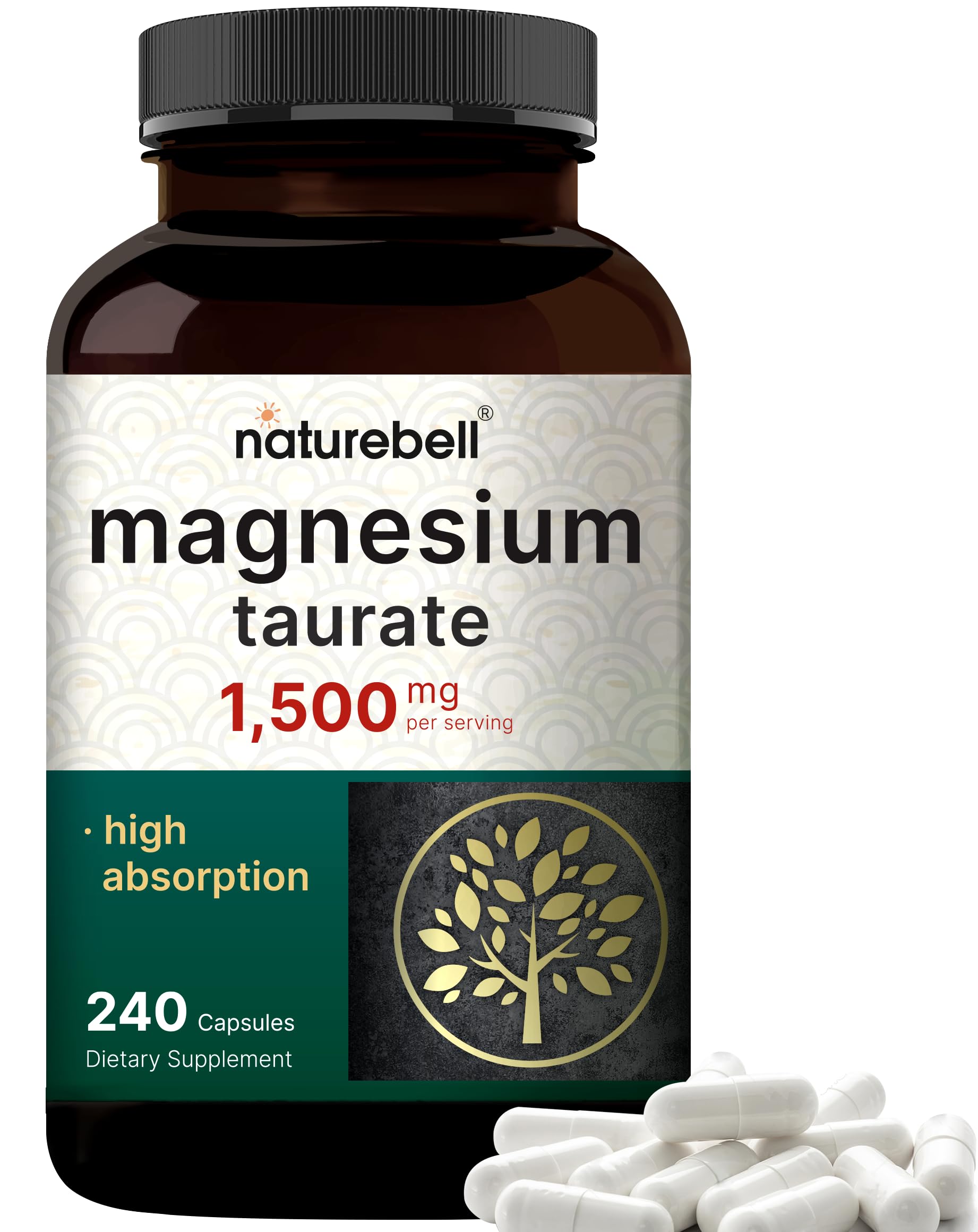 NatureBell Magnesium Taurate 1500mg bottle front shows gentle daily support.