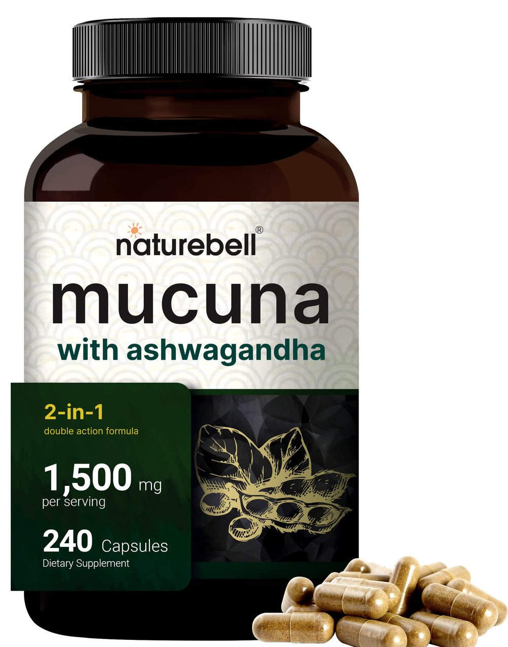 NatureBell Mucuna Pruriens capsules bottle front view highlighting 1500 mg potency for mood support.