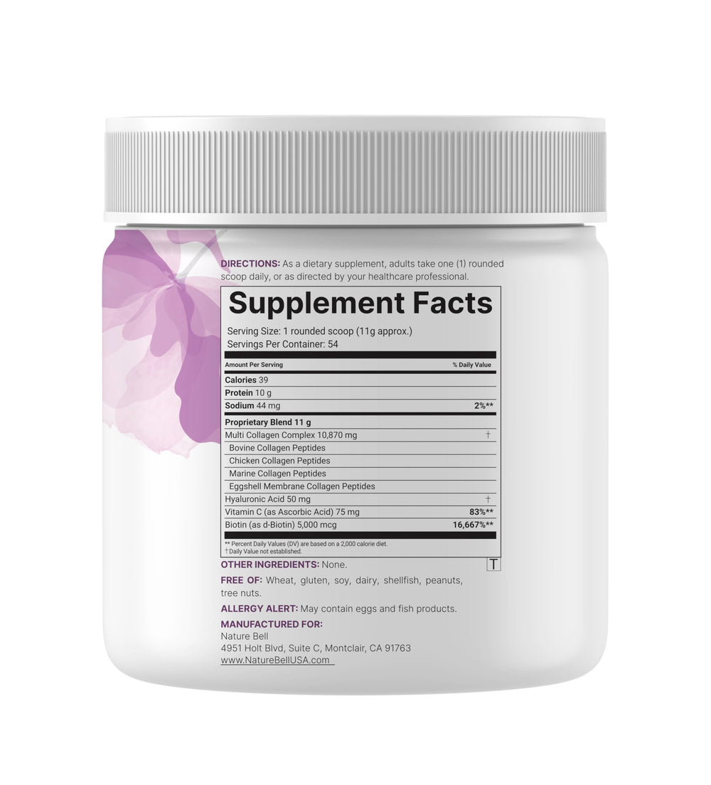 NatureBell Multi Collagen Powder bottle side view in pantry.