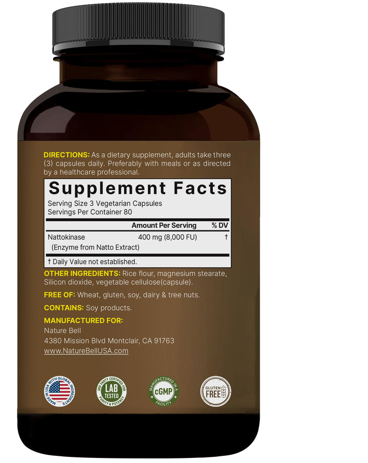 NatureBell nattokinase third party lab certification label visible