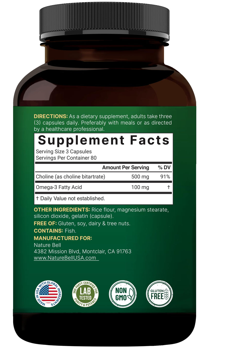 NatureBell non-GMO, allergen-free ingredients shown on packaging.
