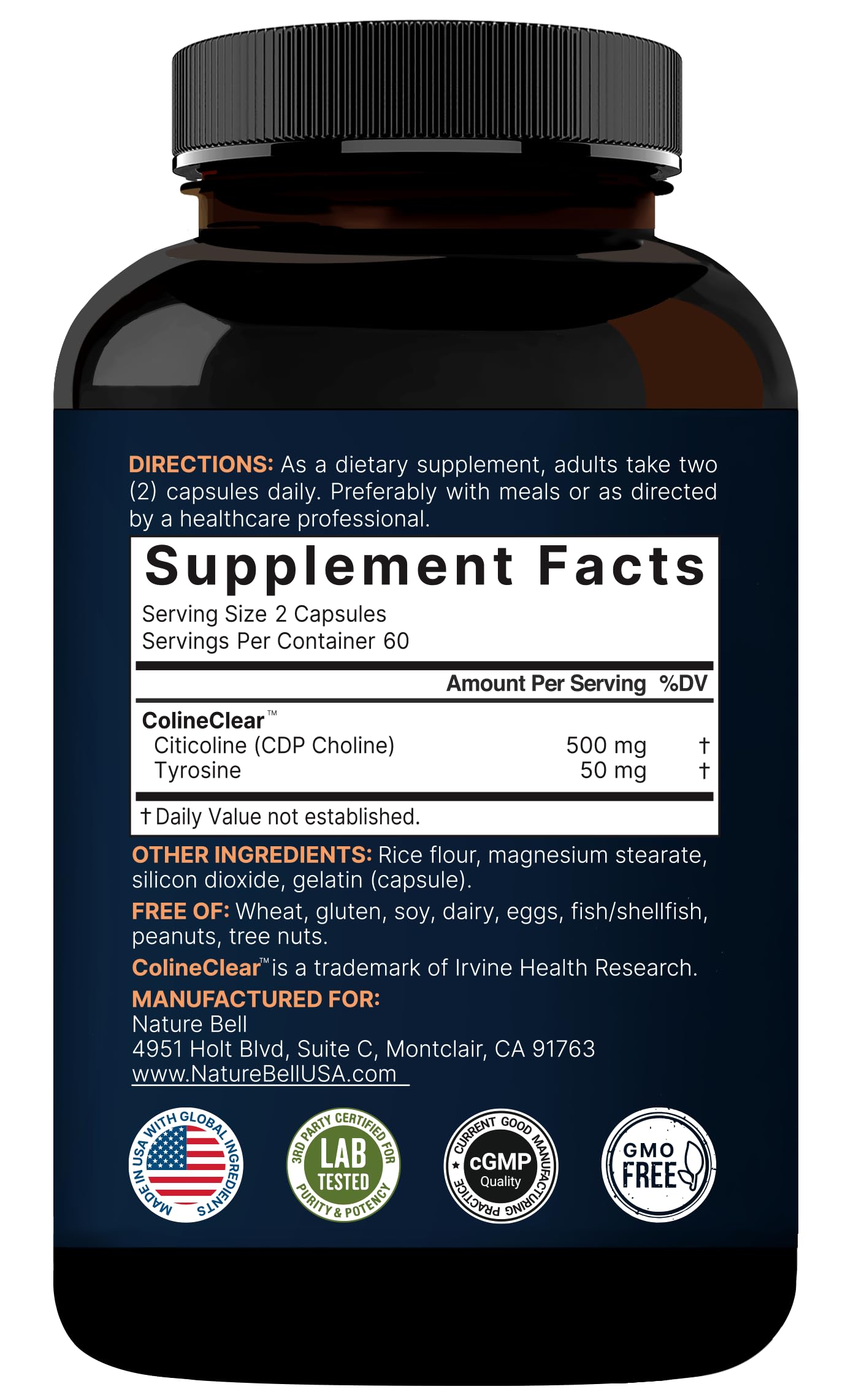 NatureBell non-GMO, gluten-free, dairy-free icons on packaging.