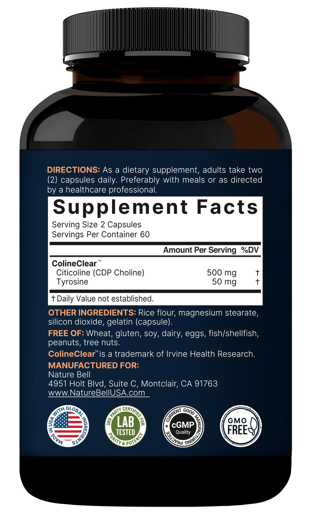 NatureBell non-GMO, gluten-free, dairy-free icons on packaging.