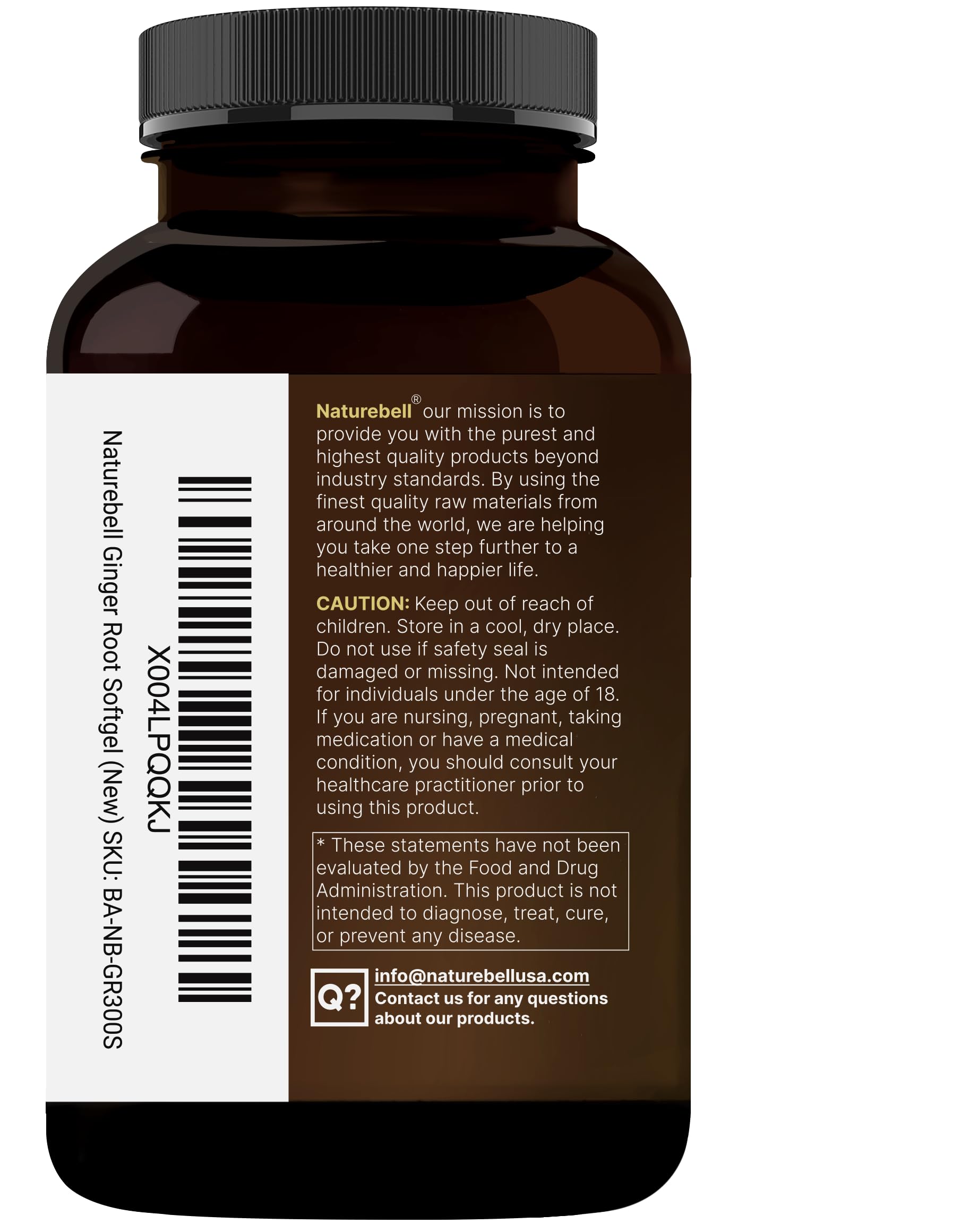 NatureBell non-GMO gluten-free ginger packaging emphasizes clean ingredients.