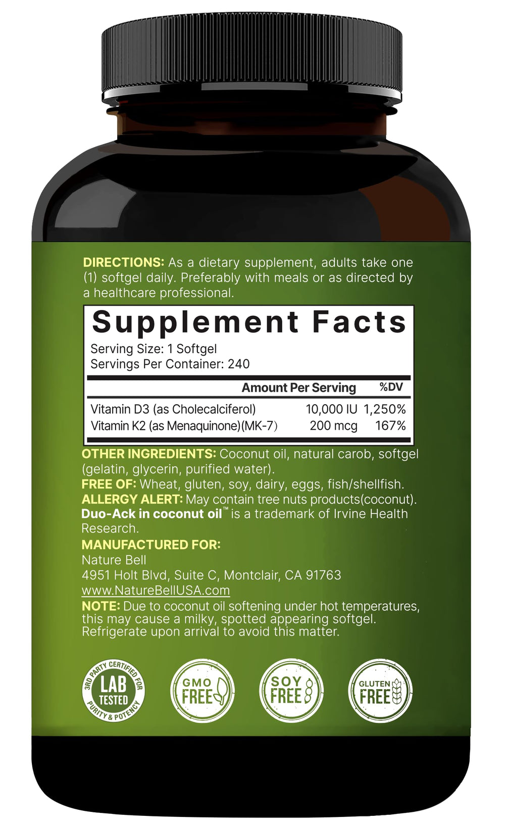 NatureBell D3 K2 non-GMO label on bottle communicates transparency.