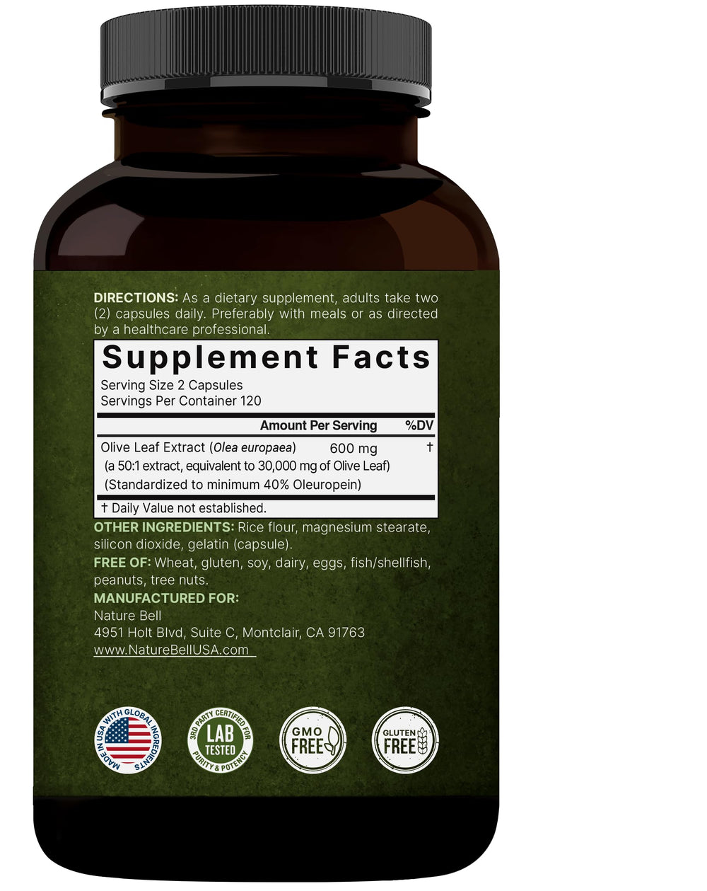 NatureBell Olive Leaf Extract bottle with dosage guide on label for simple routines