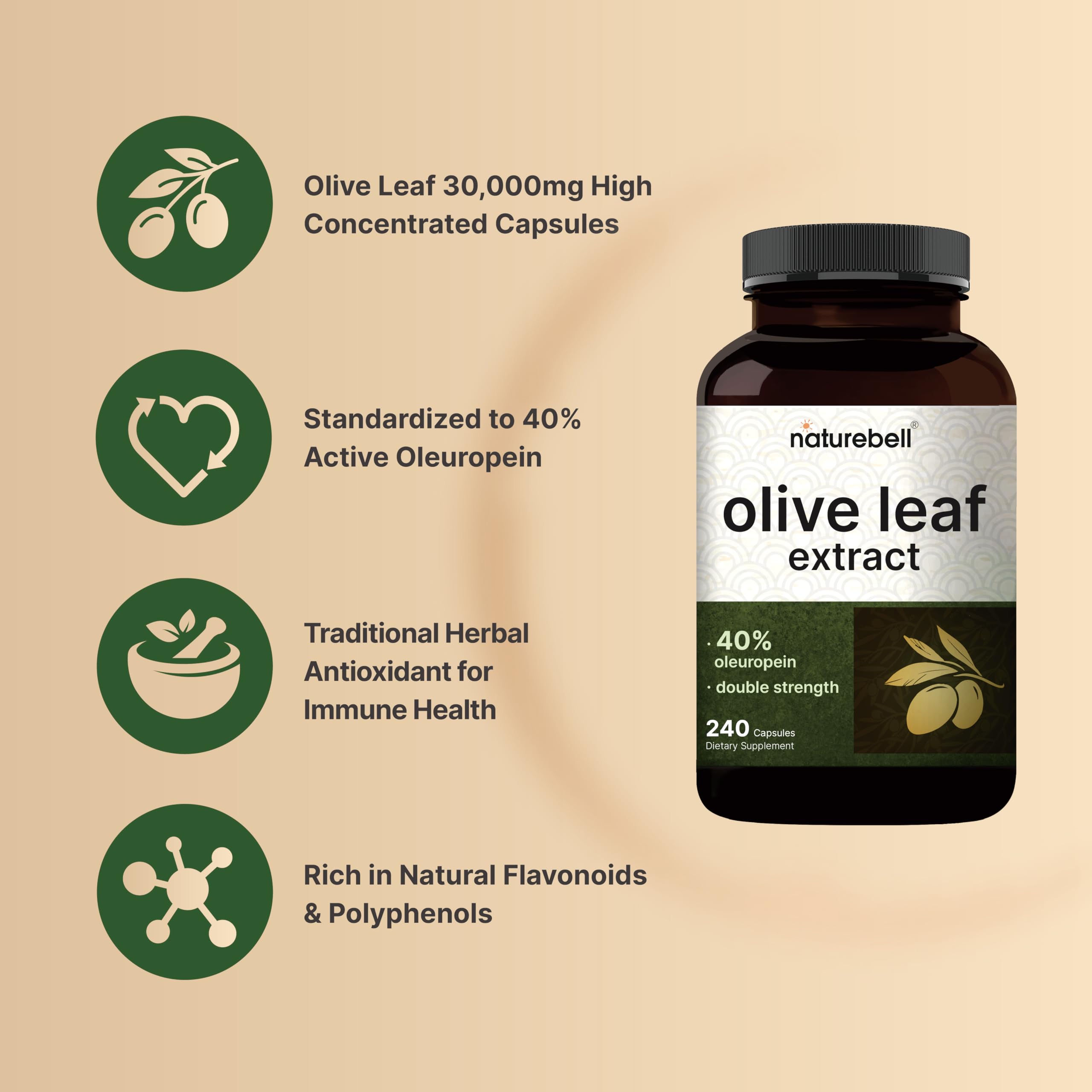 NatureBell Olive Leaf Extract label front showing non-GMO purity for clean daily use