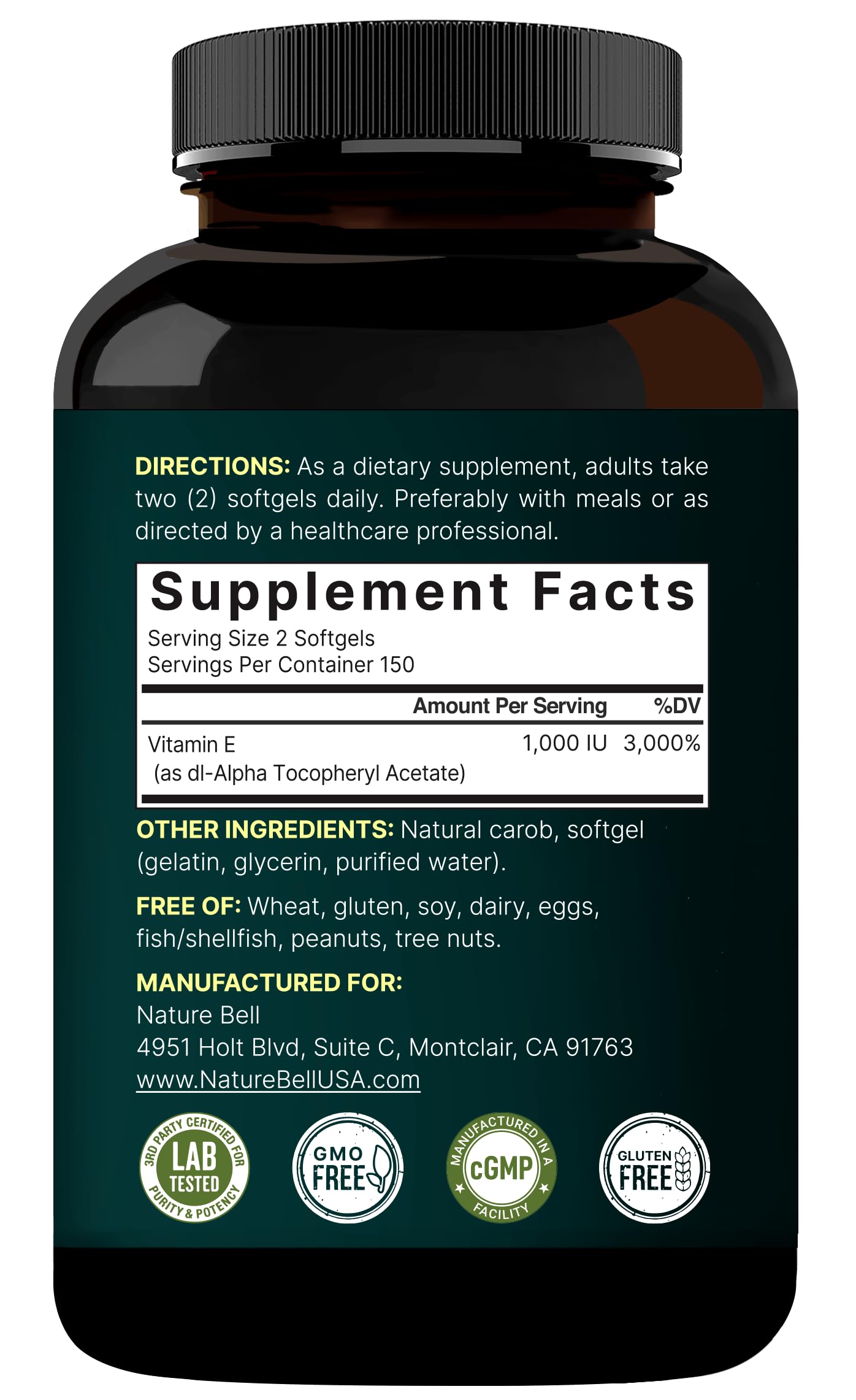 NatureBell packaging embossed label emphasizing third-party tested quality