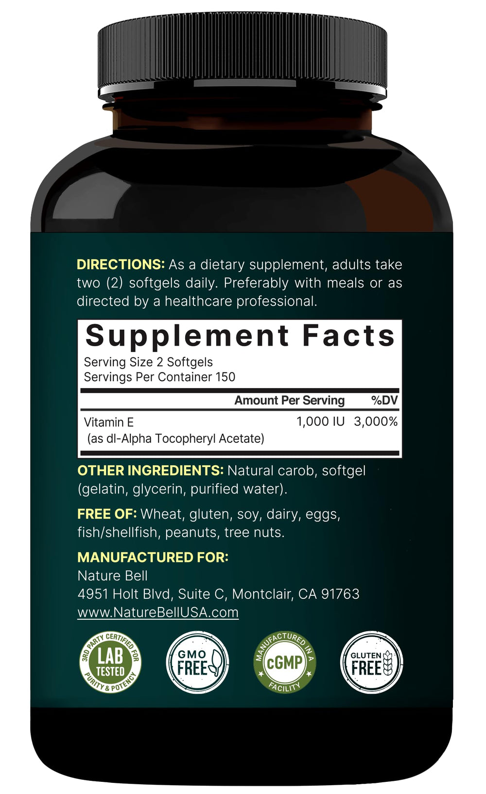 NatureBell packaging embossed label emphasizing third-party tested quality