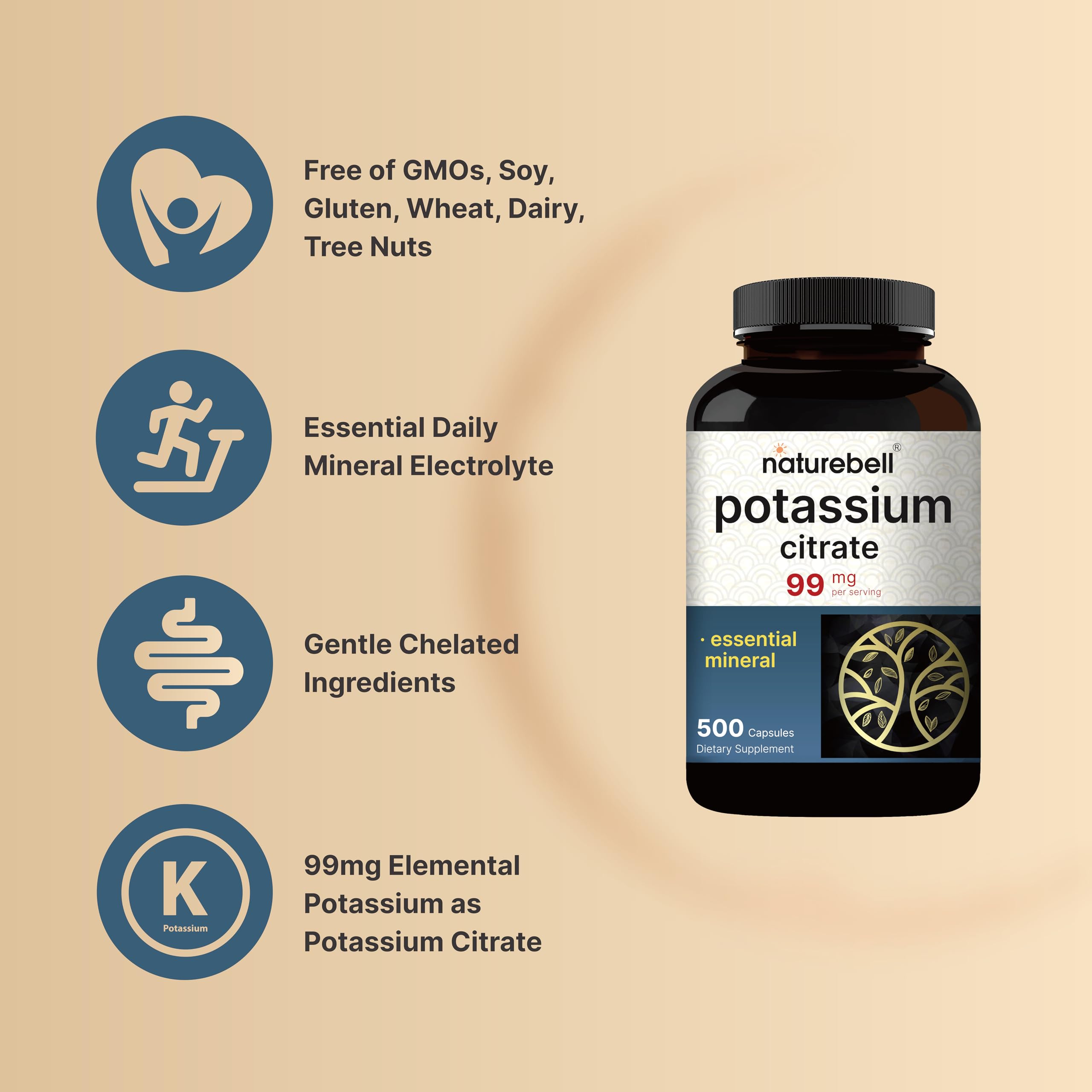 NatureBell potassium citrate bottle back shows usage directions and ingredients.