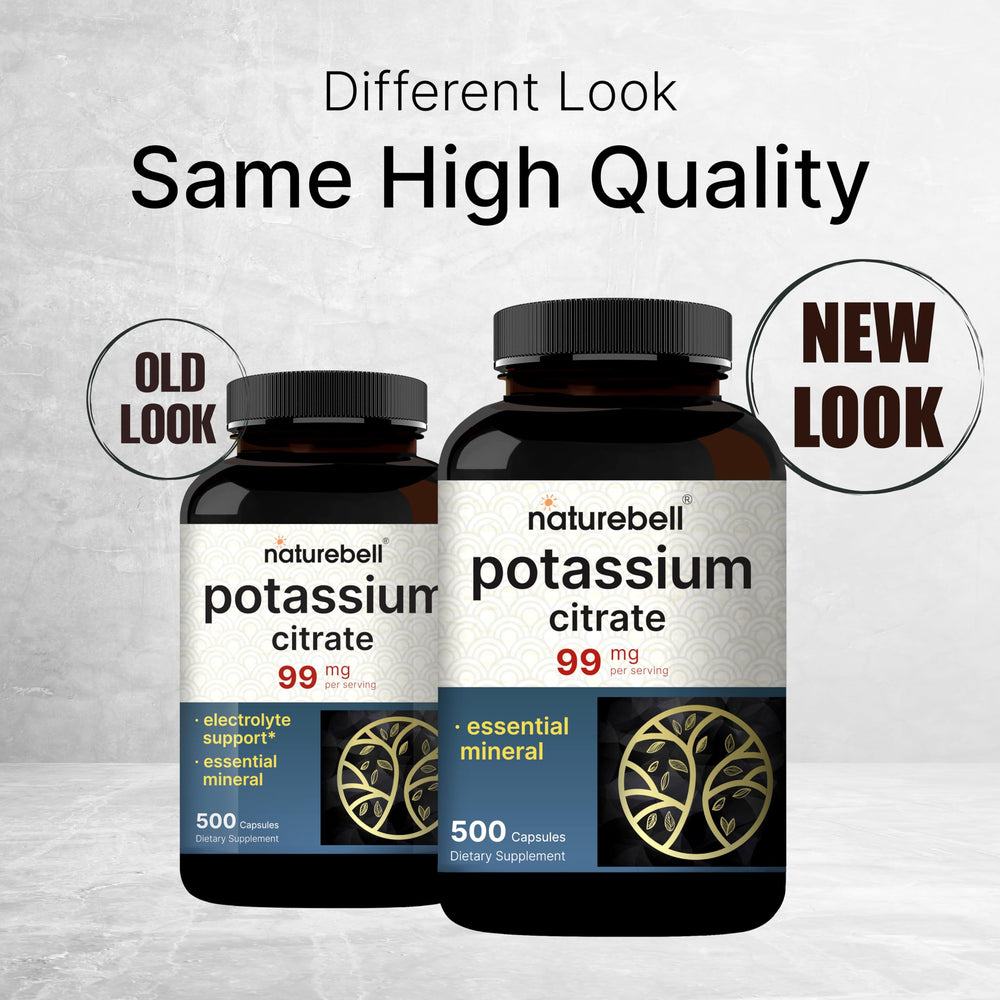 NatureBell potassium citrate capsule closeup emphasizes elemental potassium per serving.