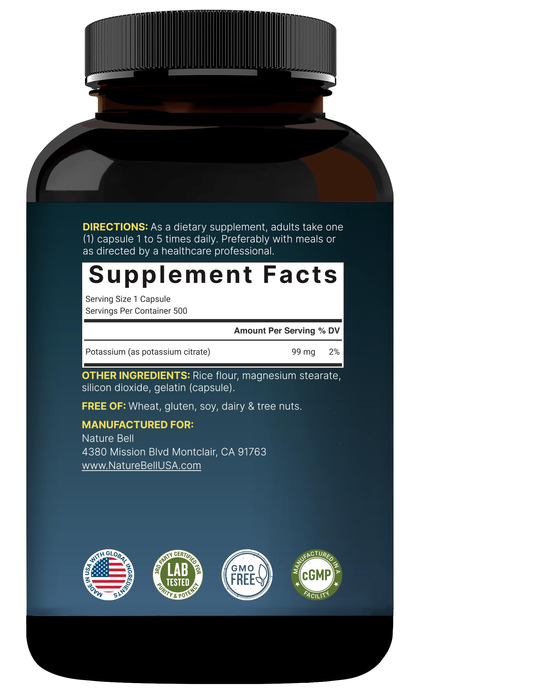 NatureBell potassium citrate lab-tested badge signals safety and quality.