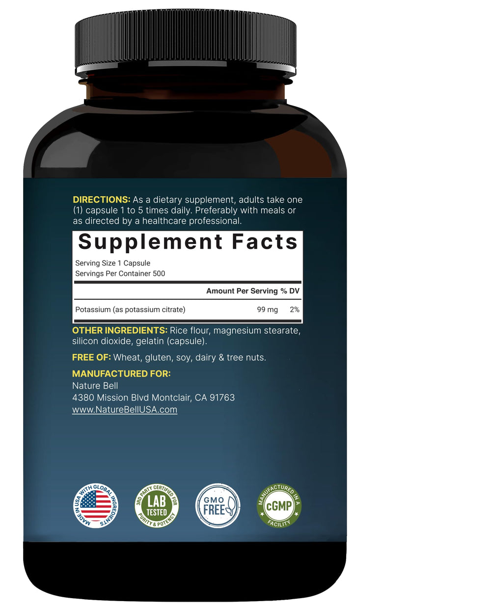 NatureBell potassium citrate lab-tested badge signals safety and quality.