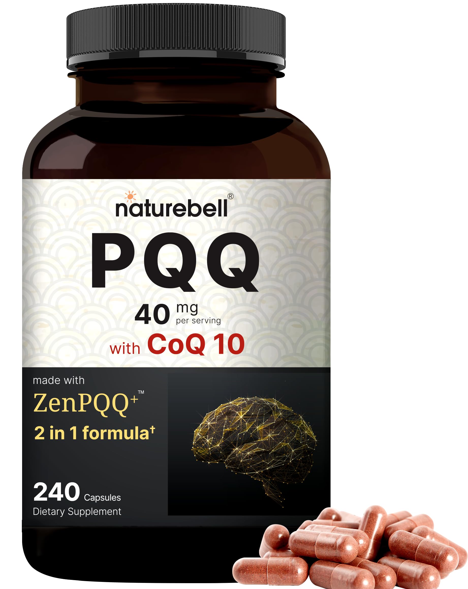 NatureBell PQQ bottle front with 240 capsules for energy support.