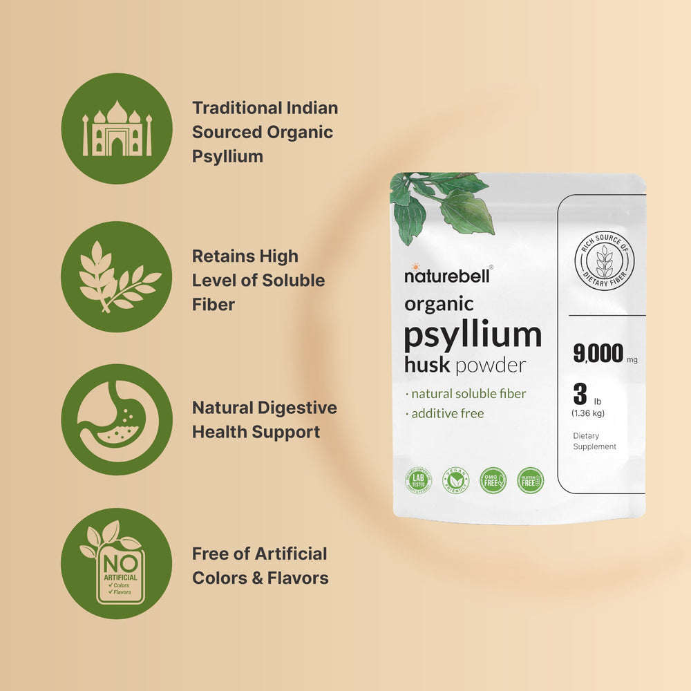NatureBell psyllium husk powder being poured into a glass.