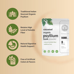 NatureBell psyllium husk powder being poured into a glass.
