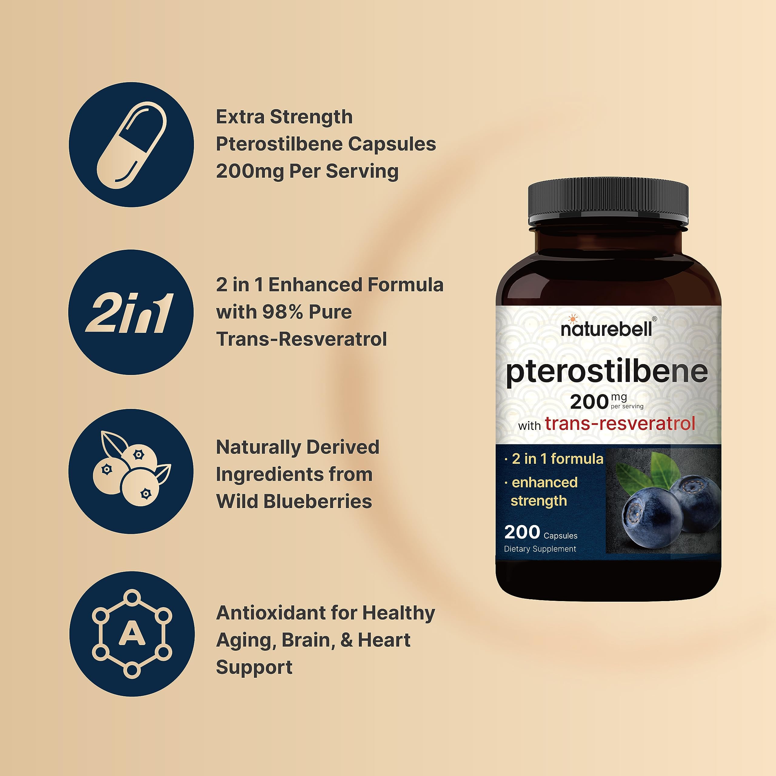NatureBell Pterostilbene capsules close-up demonstrates precise 200 mg per serving.