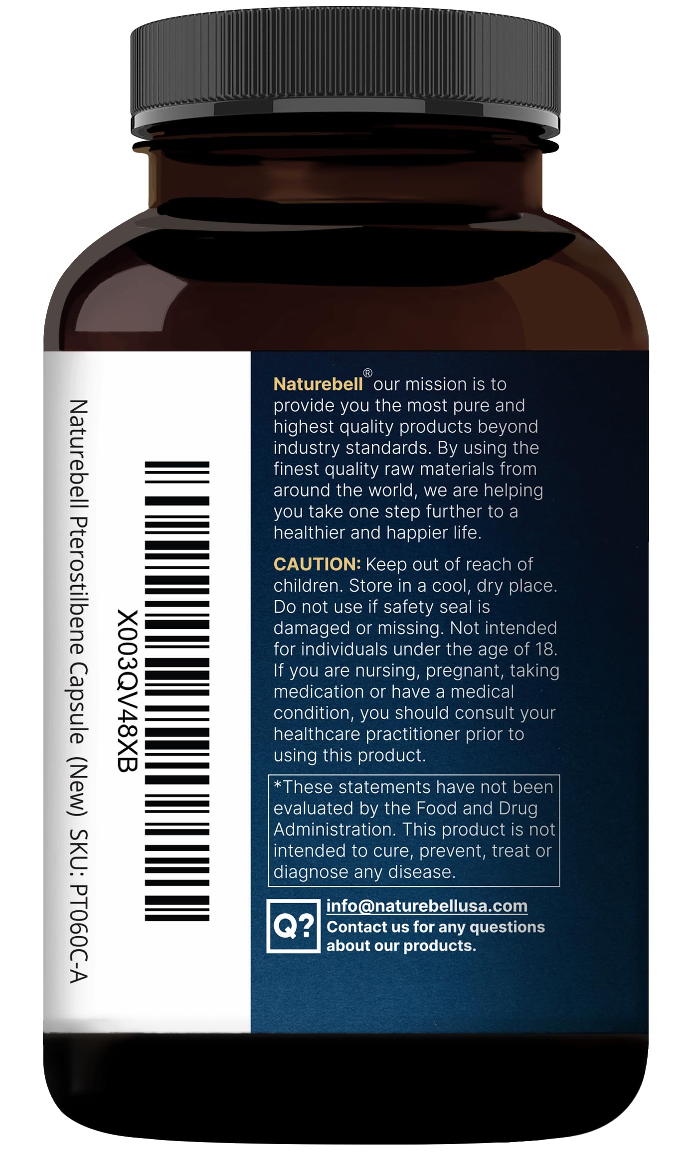 NatureBell Pterostilbene lifestyle shot with glass of water suggests easy daily use.