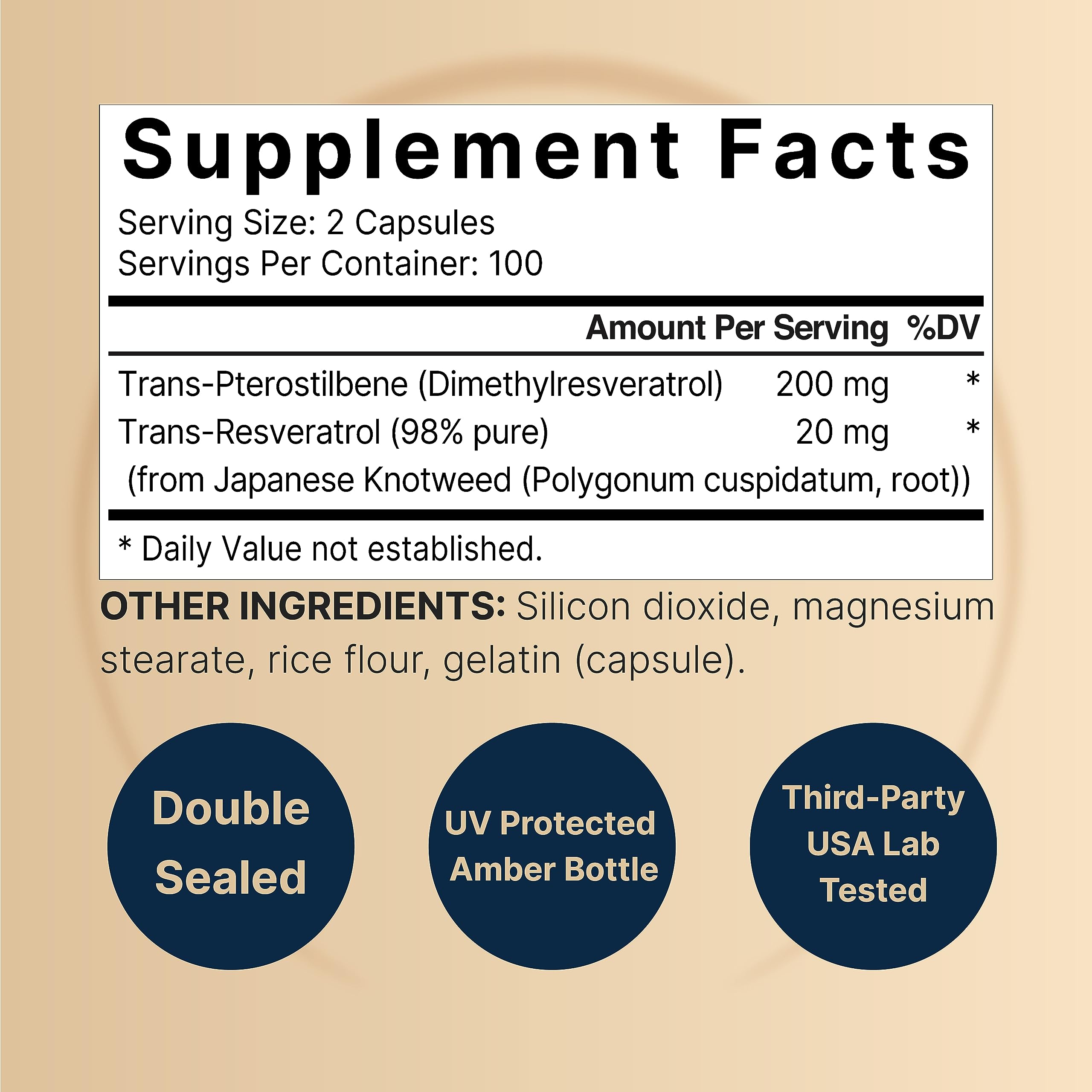 NatureBell Pterostilbene label close-up highlights 98 percent trans-resveratrol purity.