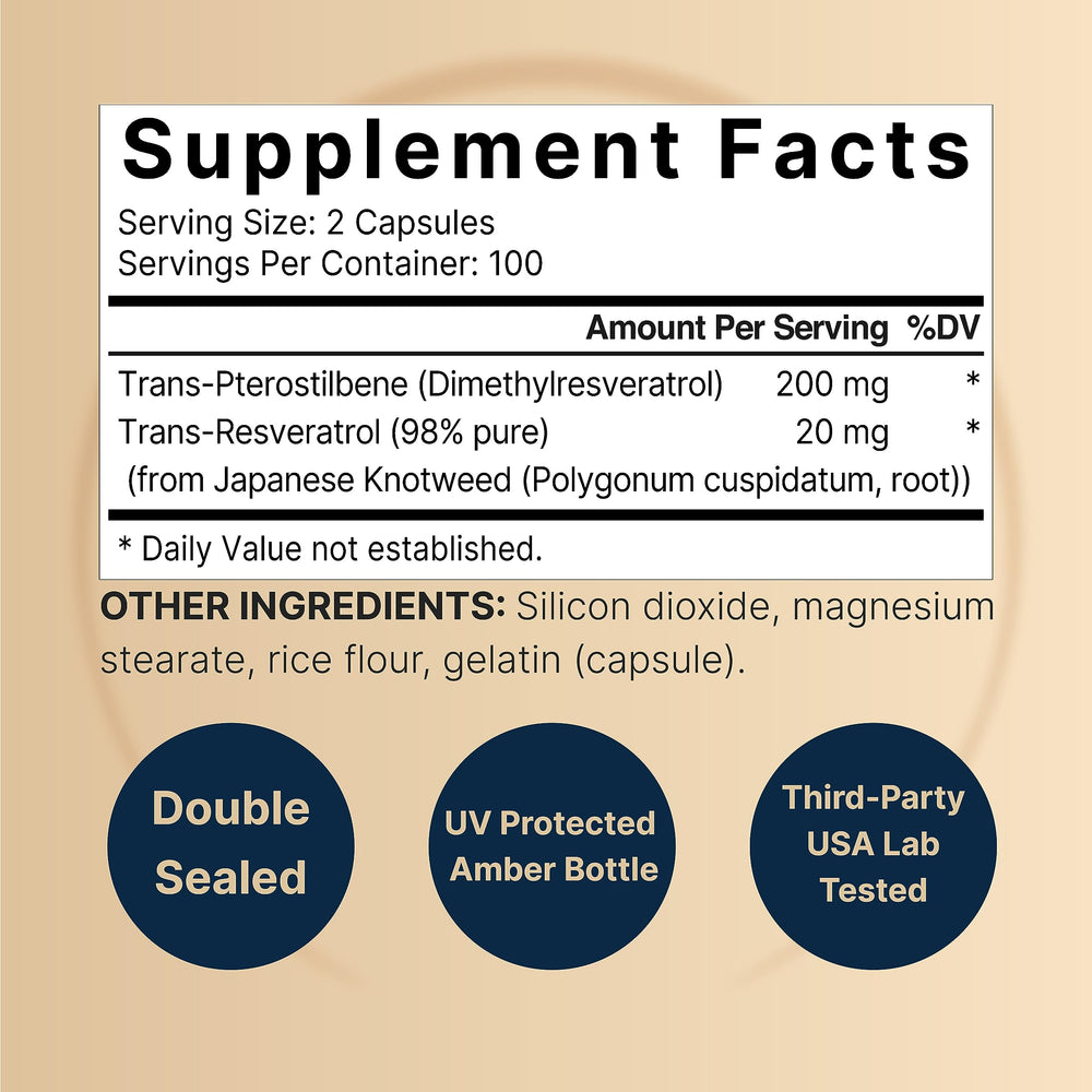 NatureBell Pterostilbene label close-up highlights 98 percent trans-resveratrol purity.