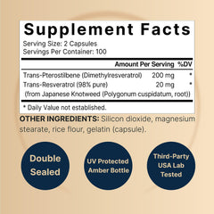 NatureBell Pterostilbene label close-up highlights 98 percent trans-resveratrol purity.