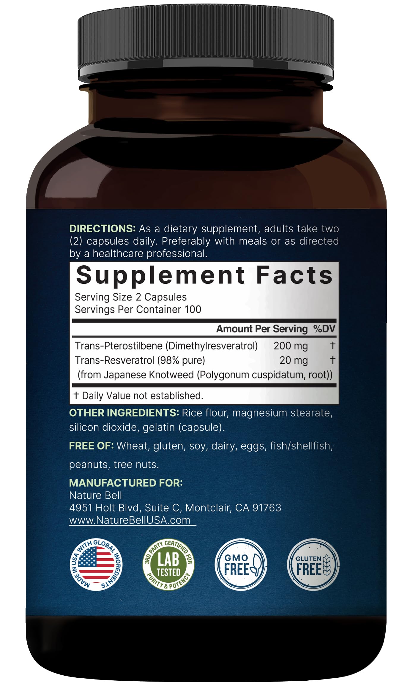 NatureBell Pterostilbene packaging sleeve and bottle affirm non-GMO status.
