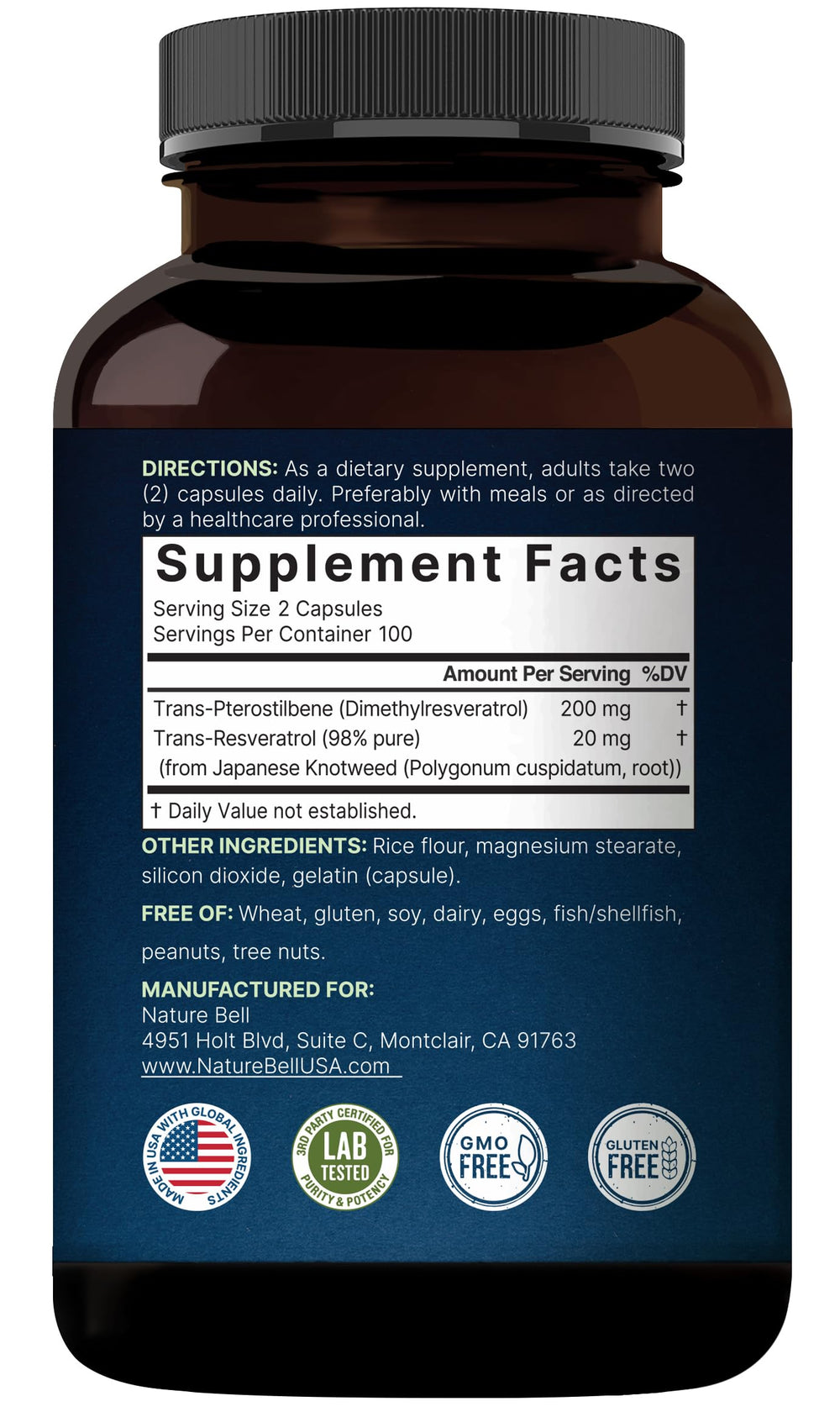 NatureBell Pterostilbene packaging sleeve and bottle affirm non-GMO status.