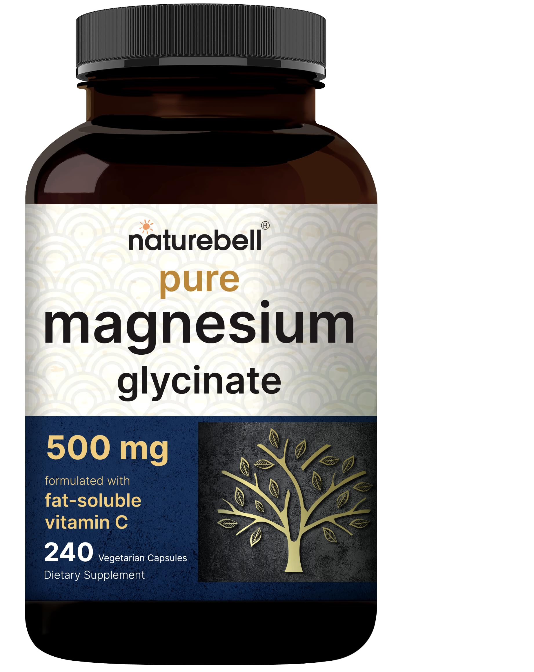 NatureBell Pure Magnesium Glycinate 500mg bottle for high-absorption daily use
