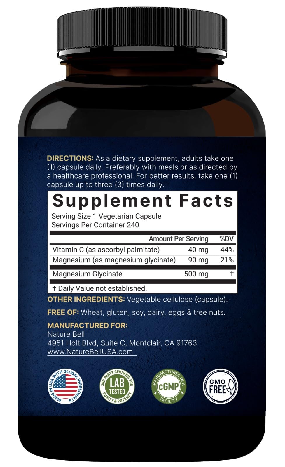NatureBell ingredients panel details chelated magnesium glycinate for absorption.