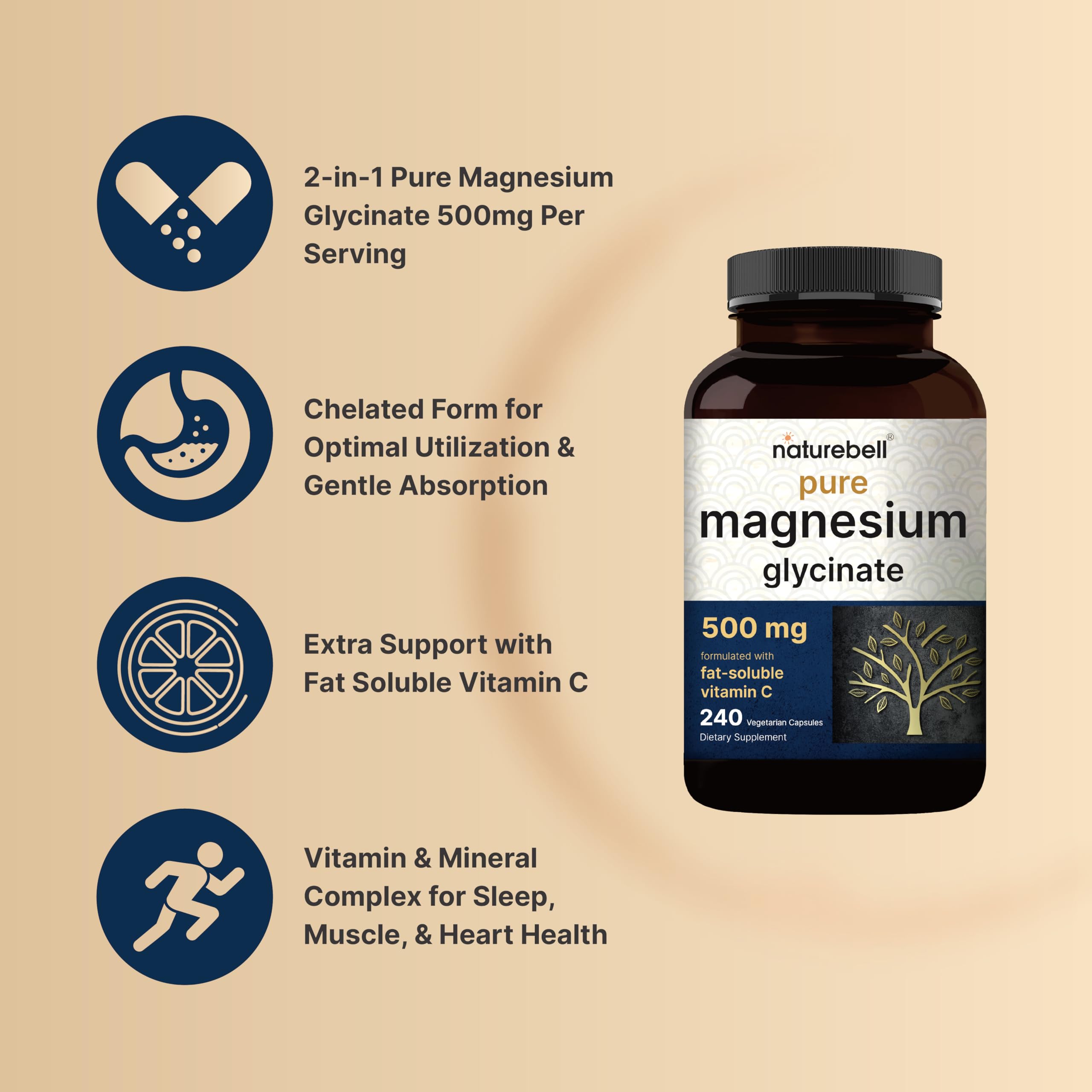 NatureBell Magnesium Glycinate label highlights vegan, non-GMO ingredients.