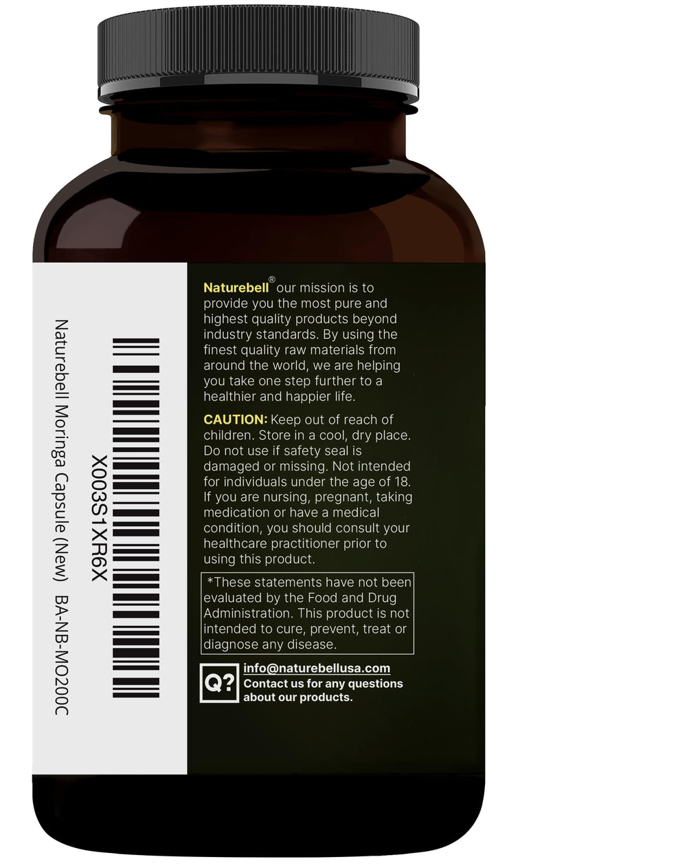 NatureBell Pure Moringa Capsules gluten-free and non-GMO claim on label.