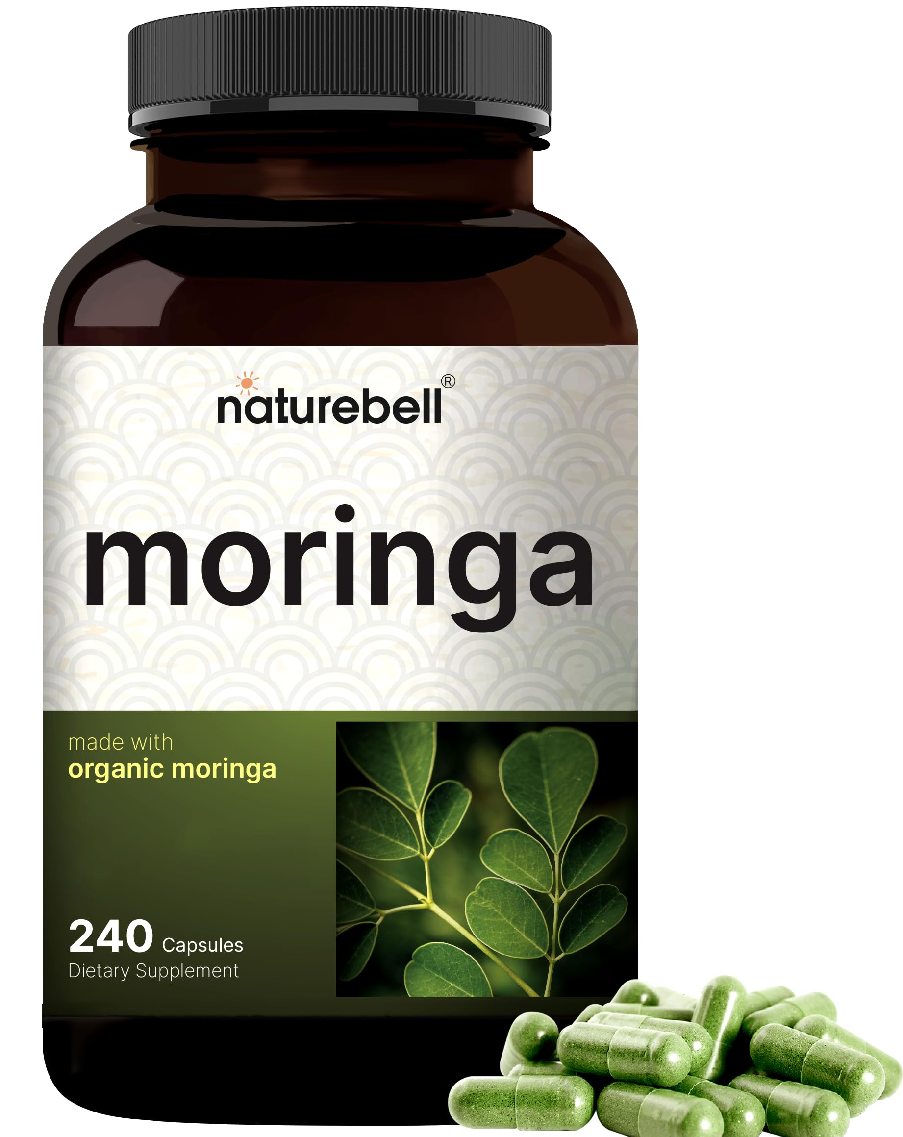NatureBell Pure Moringa Capsules bottle shows label for easy daily wellness.