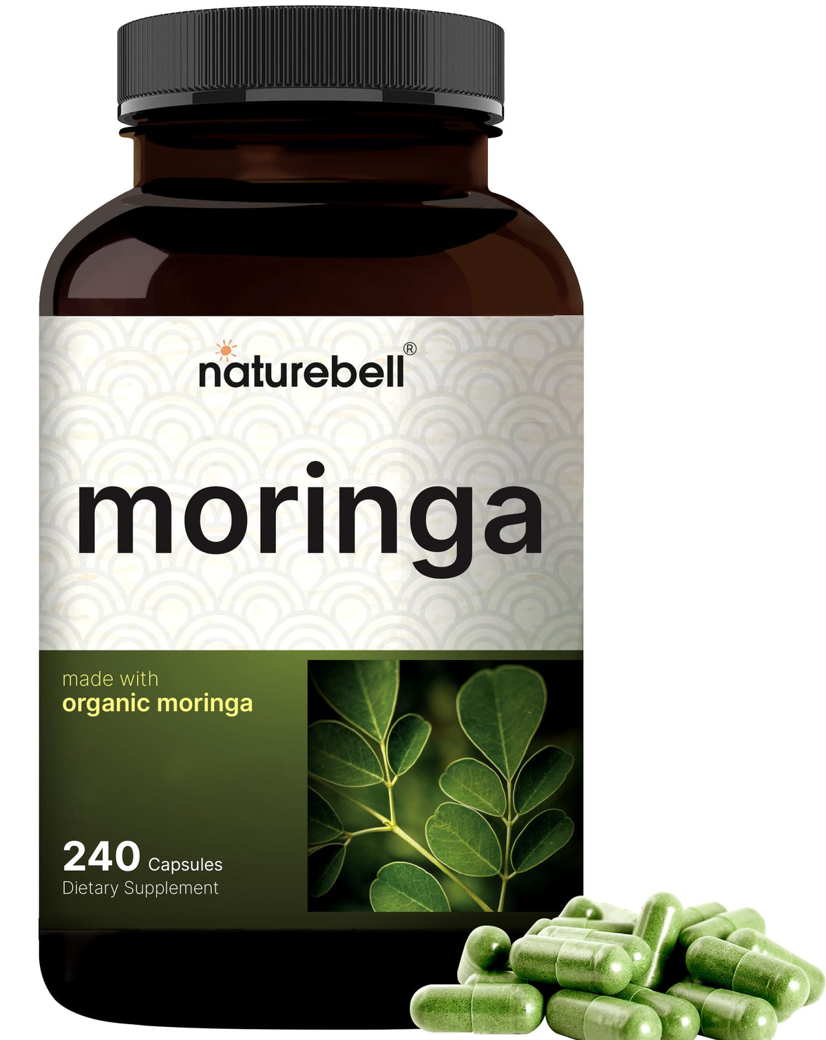 NatureBell Pure Moringa Capsules bottle shows label for easy daily wellness.