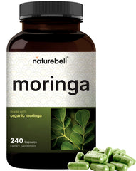 NatureBell Pure Moringa Capsules bottle shows label for easy daily wellness.