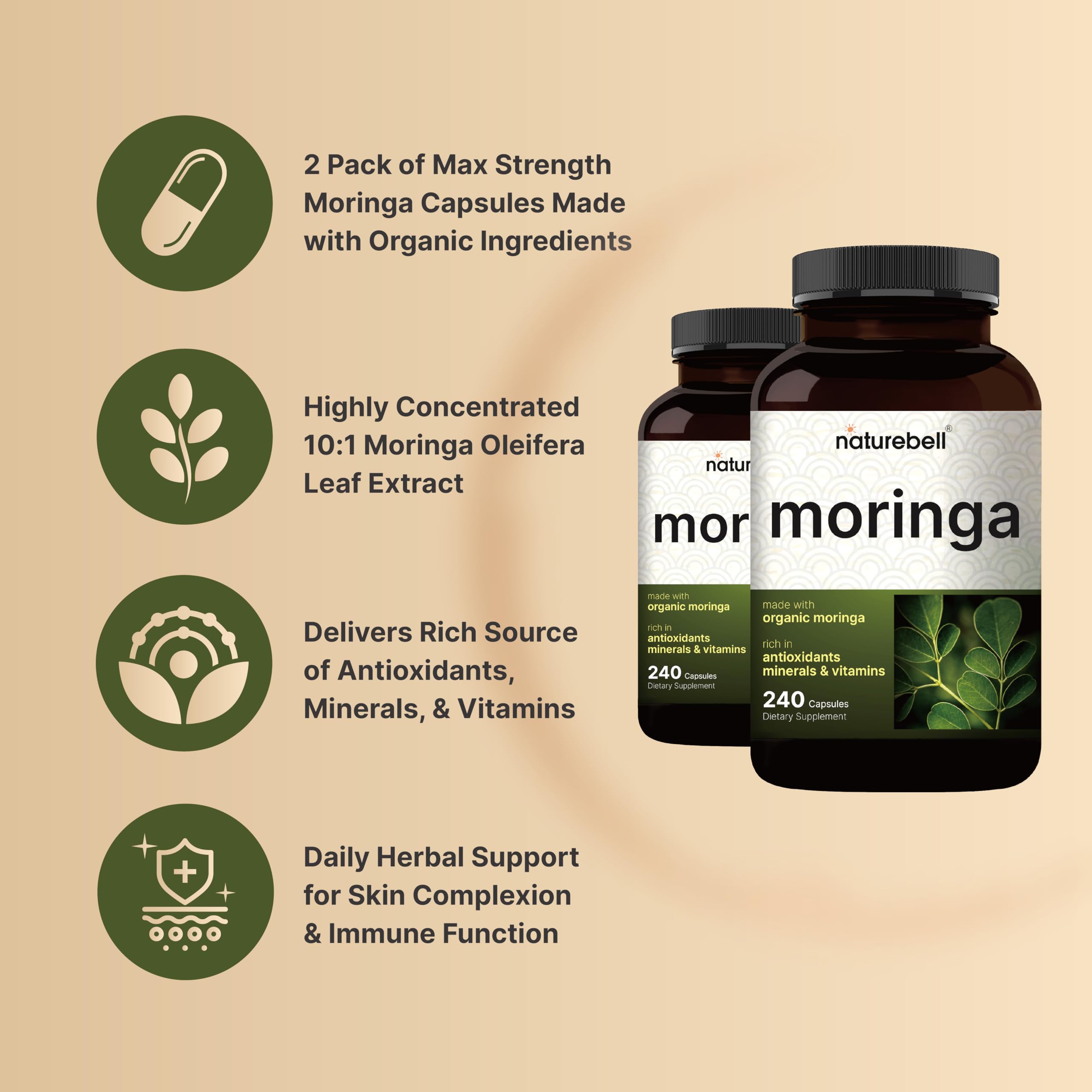 Close view of NatureBell Moringa capsules; 8,000mg equivalent per dose for daily energy.