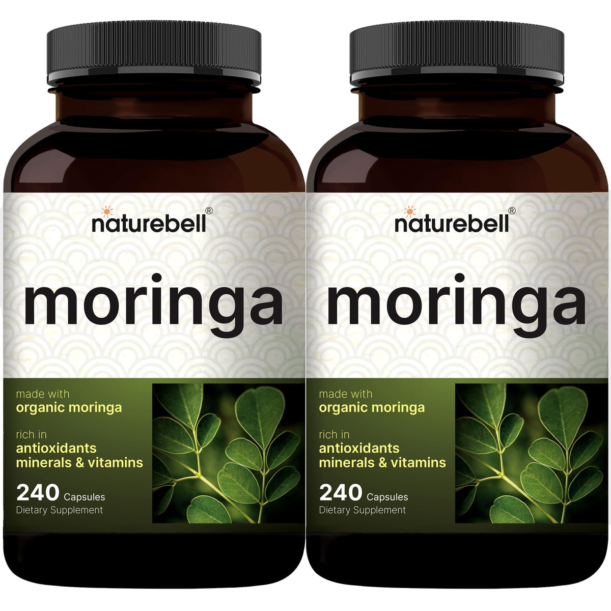 NatureBell Pure Moringa Capsules bottle front label; supports immune system function and daily wellness.
