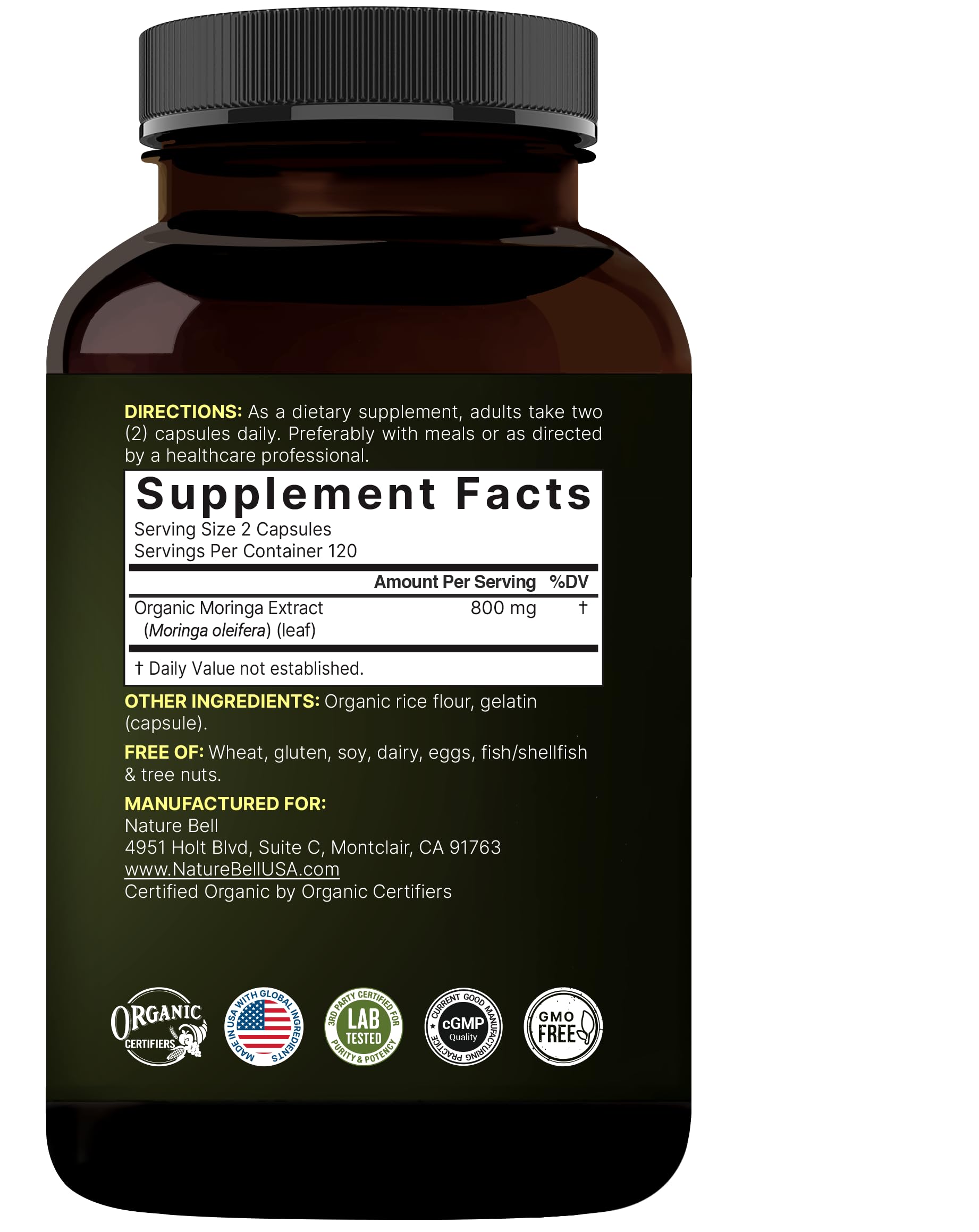 NatureBell Pure Moringa Capsules third-party lab stamp on packaging, safety and potency assurance.