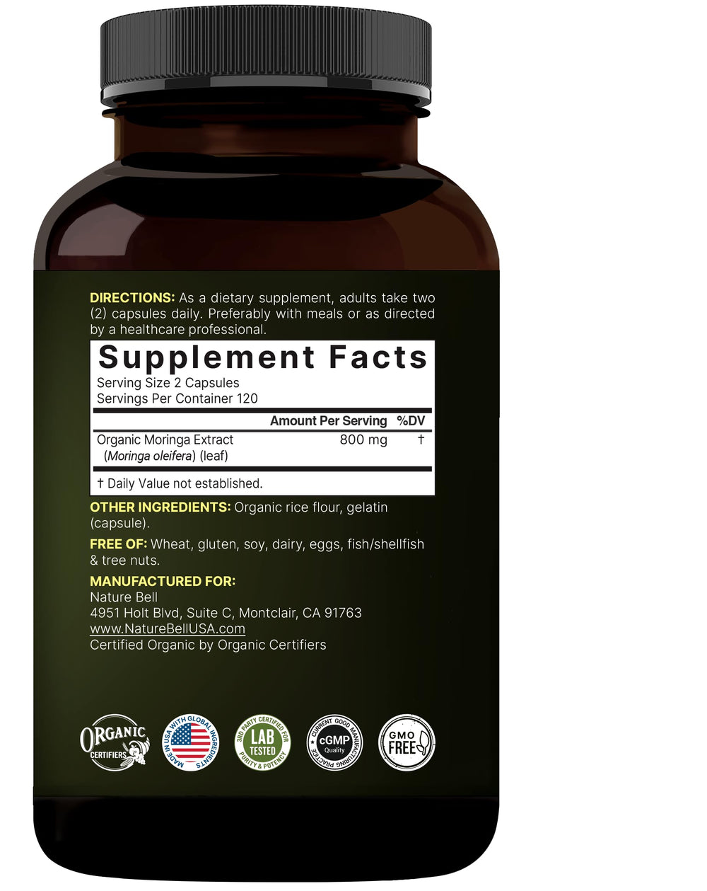 NatureBell Pure Moringa Capsules third-party lab stamp on packaging, safety and potency assurance.